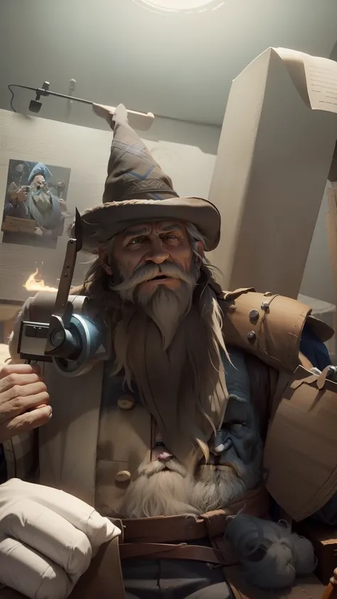 STOP-MOTION ANIMATION style an old wizard, staring at their camera with a look of happiness, white brown beard, wearing a wizard hat, wearing a checked shirt, stop motion style character, pixar style character