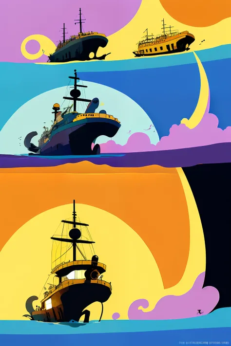 there are three different types of boats in the ocean, one piece ship sailing, poster illustration, in style of hayao miyazaki, high contrast illustrations, owlship, inspired by Miyazaki, some boats, treasure planet color scheme, illustration”, ships, haya...