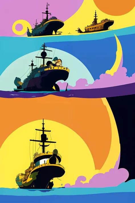 there are three different types of boats in the ocean, one piece ship sailing, poster illustration, in style of hayao miyazaki, high contrast illustrations, owlship, inspired by Miyazaki, some boats, treasure planet color scheme, illustration”, ships, haya...