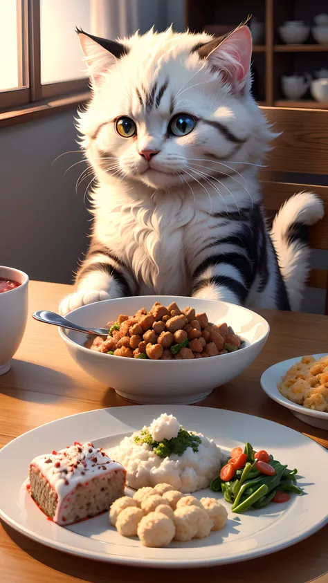 Super cute fluffy cat, Cat Cloud, Cat food, Beautiful cuisine, higly detailed, A detailed eye, Beautiful cuisine, 8K quality, Cinematic