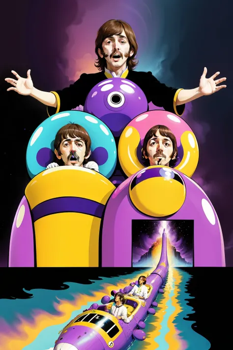 The Beatles On a purple submarine, concept art, 4k, in the style of peter max