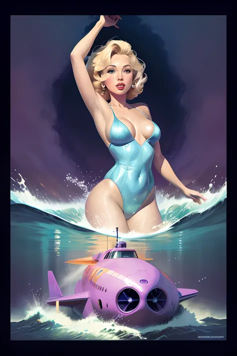 blond haired woman in a blue swimsuit standing in the ocean next to a red submarine, pinup art, chris moore. artgerm, by Bob Ringwood, rob rey and kentarõ miura style, by Pedro Pedraja, 60s sci-fi pinup style, beautiful retro art, moebius + loish + wlop, p...