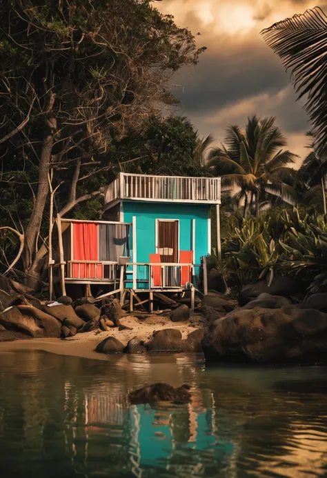 casa de praia, com visao de ondas do mar e gaiovotas em um dia ensolarado