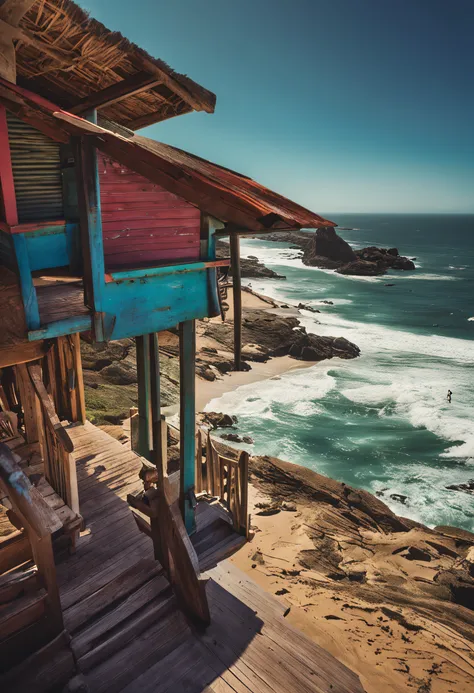 casa de praia, com visao de ondas do mar e gaiovotas em um dia ensolarado