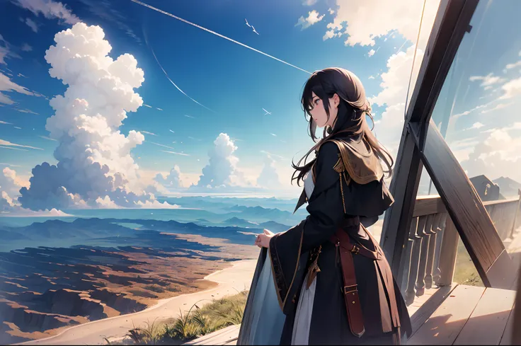 absurdres, highres, (official art, beautiful and aesthetic:1.2), close view,
shining sky, vast world, girl, gazing, awe-inspiring expression, distant horizon, clouds, high hill, natural beauty, inspiration, light effects,