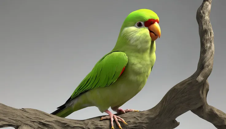 a light green and lemon green parakeet bird that is in a tree is the main protagonist Natural realistic rendering, fotorrealista altamente detallado, render fotorrealista, Arte conceptual fotorrealista, Render hiper real, Renderizado 3D realista rojo, Aves...