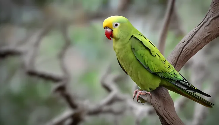 a light green and lemon green parakeet bird that is in a tree is the main protagonist Natural realistic rendering, fotorrealista altamente detallado, render fotorrealista, Arte conceptual fotorrealista, Render hiper real, Renderizado 3D realista rojo, Aves...