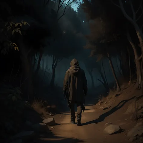 Theres a man walking down a dark path in the dry forest wearing a hoodie with a gun in his hand Dark fantasy