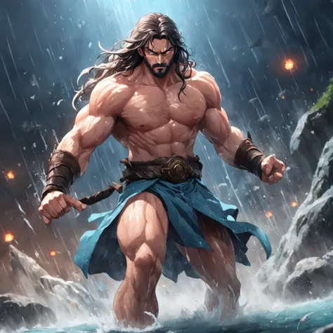 (Professional 3D rendering:1.3) de (Realistic:1.3) Foto de arte mais bonita do mundo，Features soft, bright male heroes, ((Epic hero fantasy rough muscular man wet hero angry look long hair short beard and fierce expression in dynamic pose, fantastic locati...