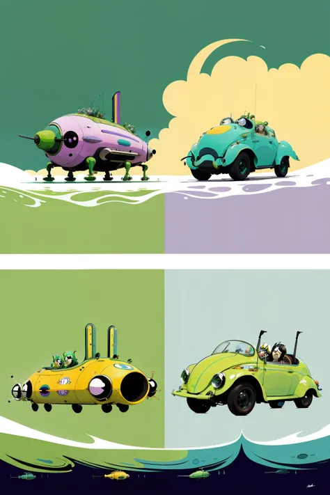 The beetles on a green submarine, concept art, 4k, in the style of peter max