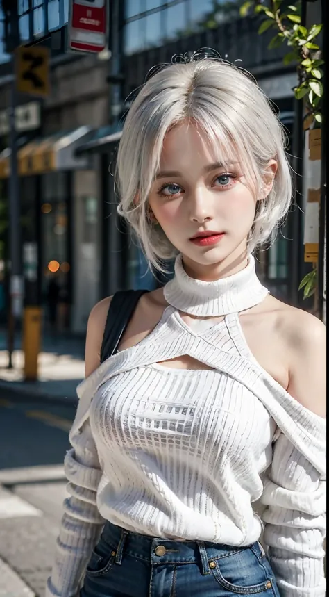 Medium Shot Shot, Beautiful woman looking at camera, White hair, Chris Foss falls out of a shoulder sweater