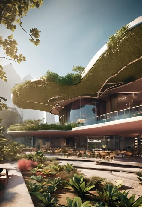 exterior view of a small café in Brasilia with an abundance of vegetation surrounding the terrace, une architecture futuriste accueillante, Parametric architecture, and a solarpunk atmosphere.