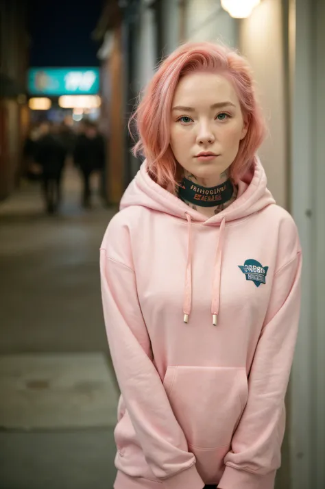 (close-up editorial photo of 20 yo woman, wearing hoodie, looking at viewer, pink hair, solo, tattoo on face, upper body, detailed background, town, alley) (standing:1.2) (dim lit room:1.4)  POV, by lee jeffries, nikon d850, film stock photograph ,4 kodak ...