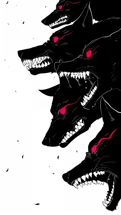 A closeup of a group of black and red dogs with fangs, cerbero, Hellhounds, com olhos vermelhos brilhantes, com presas, horror wallpaper aesthetic, pointed teeth and several eyes, simetria!! Retrato de Hades, Presas, estilo de arte escuro, lobo, com olhos ...