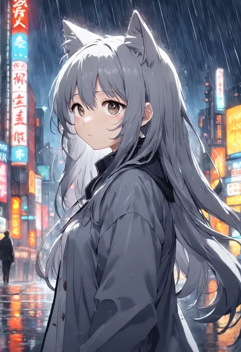 Gray hair, rain, cat ears