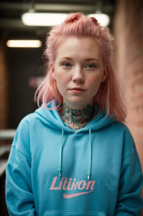 (close-up editorial photo of 20 yo woman, wearing hoodie, looking at viewer, pink hair, solo, tattoo on face, upper body, detailed background, town, alley) (standing:1.2) (dim lit room:1.4)  POV, by lee jeffries, nikon d850, film stock photograph ,4 kodak ...