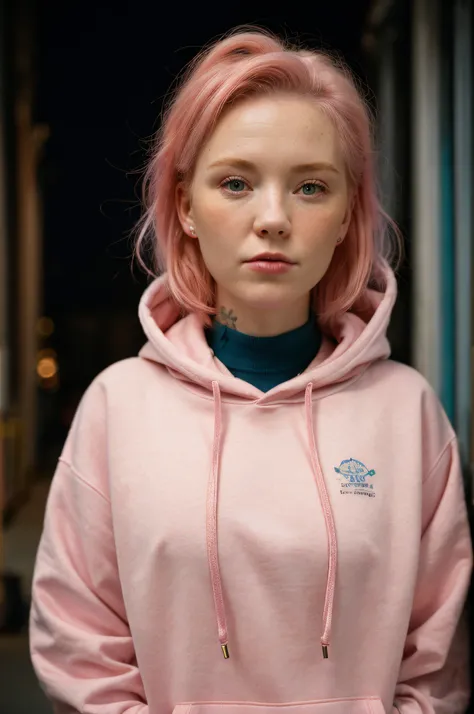 (close-up editorial photo of 20 yo woman, wearing hoodie, looking at viewer, pink hair, solo, tattoo on face, upper body, detailed background, town, alley) (standing:1.2) (dim lit room:1.4)  POV, by lee jeffries, nikon d850, film stock photograph ,4 kodak ...