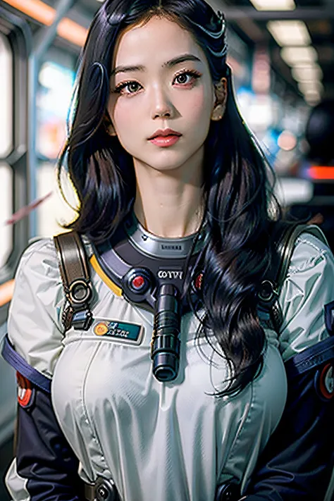 Evangelion movie (masterpiece), (realistic), portrait of young woman , floppy hair, lavender hair, 18 year old, rei ayanami, Japanese woman, young woman , detailed skin, female focus, solo, realistic, short hair, (futuristic armor:1.4), (sexy:1.5) mecha su...