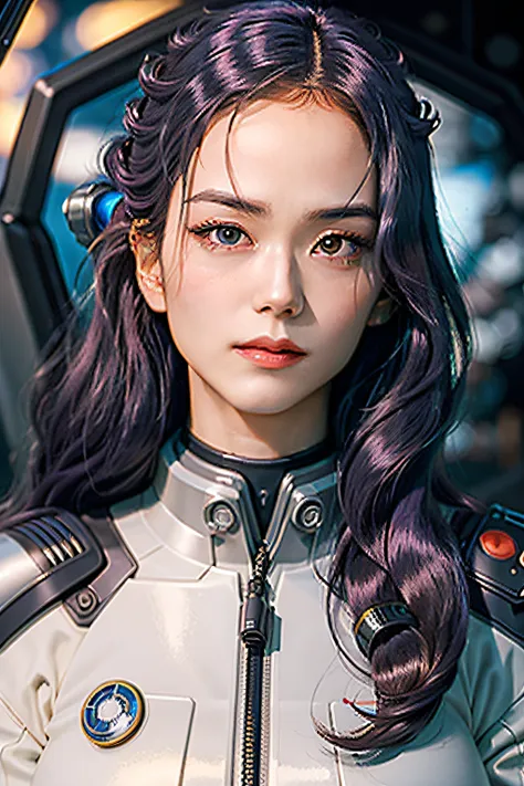 Evangelion movie (masterpiece), (realistic), portrait of young woman , floppy hair, lavender hair, 18 year old, rei ayanami, Japanese woman, young woman , detailed skin, female focus, solo, realistic, short hair, (futuristic armor:1.4), (sexy:1.5) mecha su...