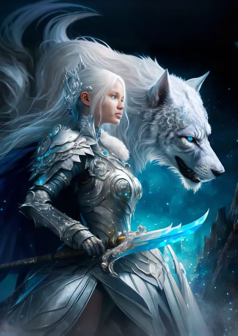 uma mulher em armadura segurando uma espada ao lado de um lobo, powerful fantasy epic legends, Epic fantasy art style, epic fantasy HD art style, arte de fantasia detalhada, arte de fantasia altamente detalhada, epic fantasy art, Rainha do gelo e da tempes...