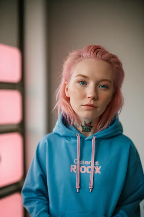 (close-up editorial photo of 20 yo woman, wearing hoodie, looking at viewer, pink hair, solo, tattoo on face, upper body, detailed background, town, alley) (standing:1.2) (dim lit room:1.4)  POV, by lee jeffries, nikon d850, film stock photograph ,4 kodak ...