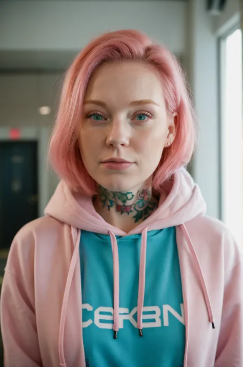 (close-up editorial photo of 20 yo woman, wearing hoodie, looking at viewer, pink hair, solo, tattoo on face, upper body, detailed background, town, alley) (standing:1.2) (dim lit room:1.4)  POV, by lee jeffries, nikon d850, film stock photograph ,4 kodak ...