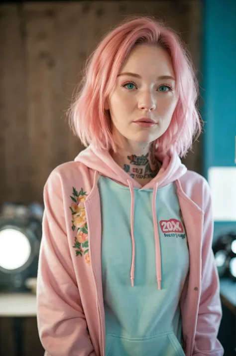 (close-up editorial photo of 20 yo woman, wearing hoodie, looking at viewer, pink hair, solo, tattoo on face, upper body, detailed background, town, alley) (standing:1.2) (dim lit room:1.4)  POV, by lee jeffries, nikon d850, film stock photograph ,4 kodak ...