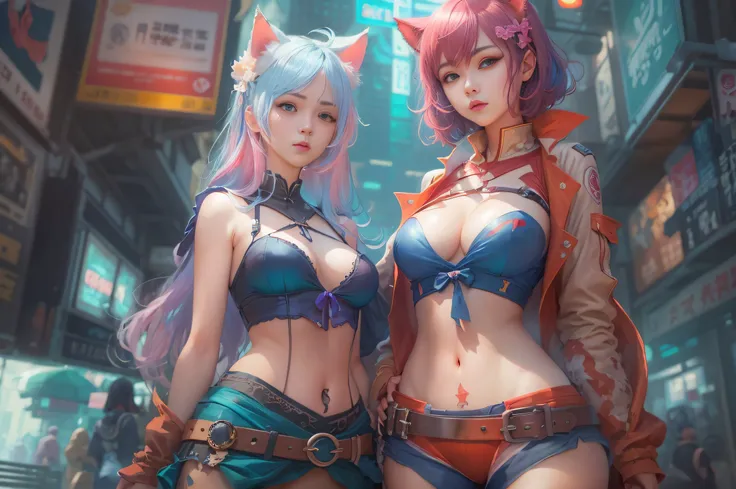 anime - style image of two women with pink and blue hair dressed in red and blue corset, posing in Akihabara for a foto shooting, Captured from worms eye view, wlop and sakimichan, attractive cat girl, artwork in the style of guweiz, fantasy art style, 2. ...