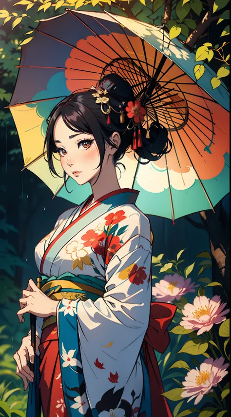 A geisha stands majestically under a shady tree, her umbrella shielding her from the raindrops.