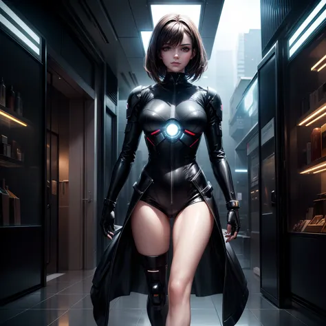 (Photorealistic:1.2), (8K Resolution), (Best Quality), (Masterpiece), portrait of a beautiful female android with pale synthetic skin, short dark hair, glowing cybernetic eyes, wearing a sleek black leather jacket, standing motionless on display in a brigh...