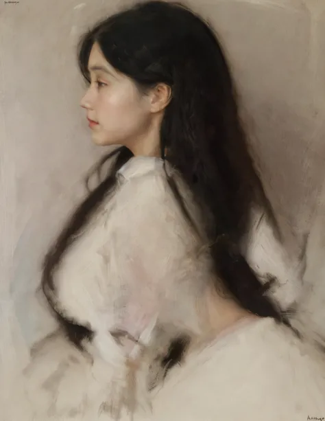 sargent,mucha, king,ctoil, 1girl, black hair, long hair, realistic, profile, lips, closed mouth, shirt,