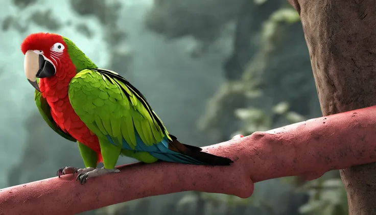 Bird Diamond Parrot Green on the body and red face and tail all over its body That this in a tree is the main protagonist Natural realistic rendering, fotorrealista altamente detallado, render fotorrealista, Arte conceptual fotorrealista, Render hiper real...