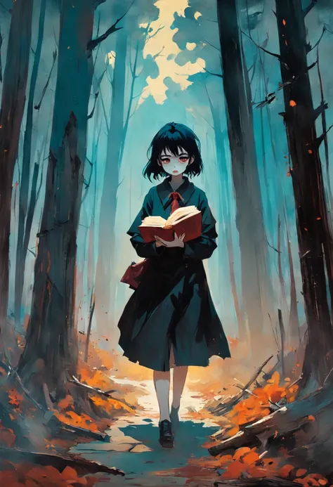 Une femme lisant un livre en marchant dans les bois. Dans le style de Adrian Ghenie, Minimalisme inkpunk. Dans le style Tim Burton. Gothic.