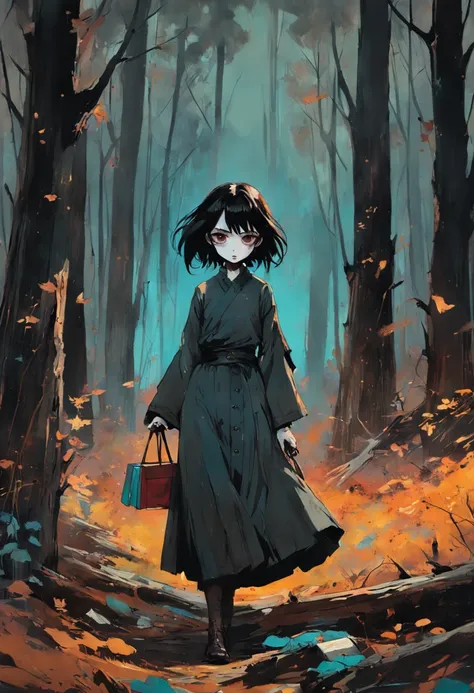 Une femme lisant un livre en marchant dans les bois. Dans le style de Adrian Ghenie, Minimalisme inkpunk. Dans le style Tim Burton. Gothic.