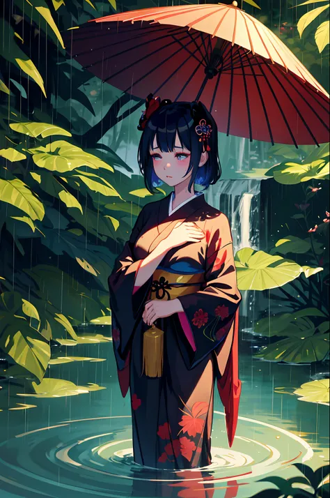 A geisha in a dark kimono stands alone in the middle of a rainforest, her umbrella her only protection from the dripping water and her sad feelings