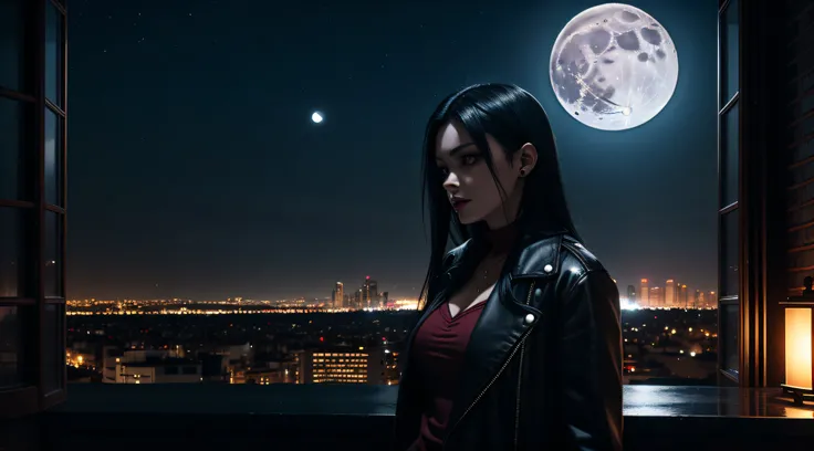 women vampire with black hair, young, night, full moon, modern city