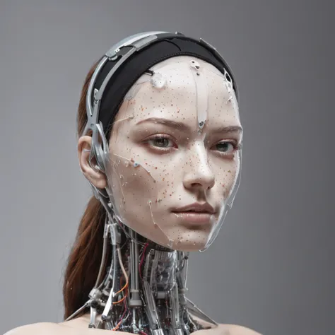 cutting edge futuristic female modular mannequin robot with dual-layer skin, beautiful modular face, exploding paint and white liquid from head, greebles cables and wiring malfunction, detachable eyes, detachable nose, detachable mouth, detachable face, fa...