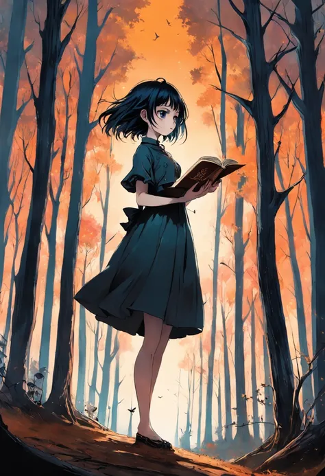 Une femme lisant un livre en marchant dans les bois. Dans le style de Esao Andrews, Minimalisme inkpunk. Dans le style Tim Burton. Gothic.