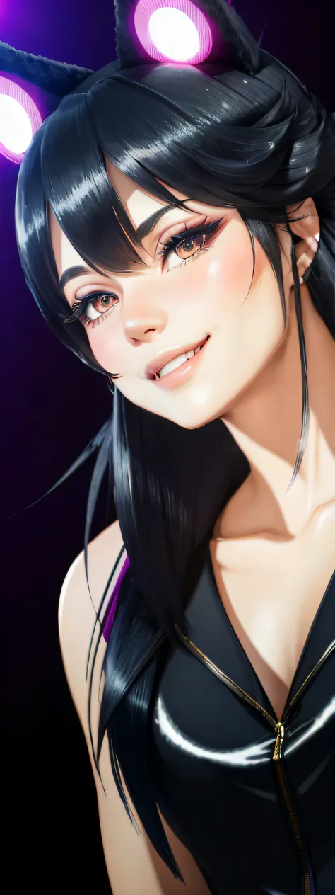 black hair, hair bobbles, wince, longeyelashes, solid circle eyes, fake animal ears, light smile, ear blush, fang, surrealism, d...