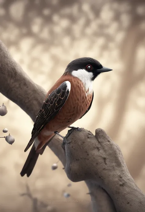 Diamond bird Bichenov with white face a rya above dark brown eyes on the back light brown with white dots and on its black wings the tail is brown odvuro all over its body that this in a tree is the main protagonist Natural realistic rendering, fotorrealis...