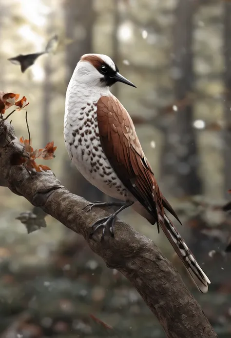 Diamond bird Bichenov with white face a rya above dark brown eyes on the back light brown with white dots and on its black wings the tail is brown odvuro all over its body that this in a tree is the main protagonist Natural realistic rendering, fotorrealis...