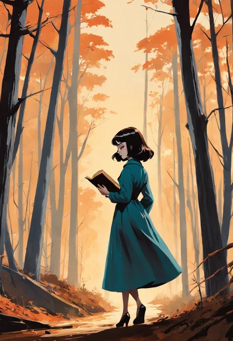 Une femme lisant un livre en marchant dans les bois. Dans le style de Edward Hopper, Minimalisme inkpunk. Dans le style Tim Burton. Gothic.