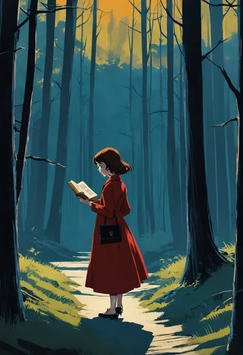 Une femme lisant un livre en marchant dans les bois. Dans le style de Edward Hopper, Minimalisme inkpunk. Dans le style Tim Burton. Gothic.