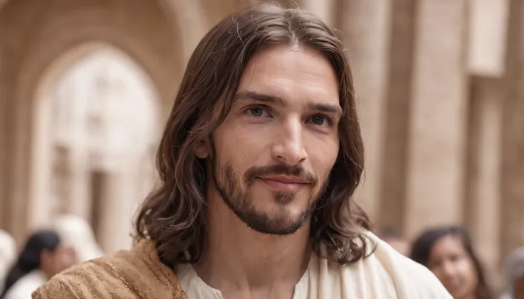 Jesus Christ smiling walking inside the temple in the midst of the crowd of people