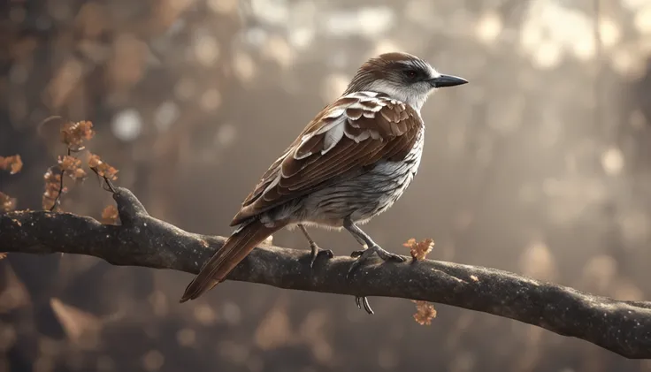 Diamond bird Bichenov with white face a rya above dark brown eyes on the back light brown with white dots and on its black wings the tail is brown odvuro all over its body that is in a tree is the main protagonist Natural realistic rendering, fotorrealista...