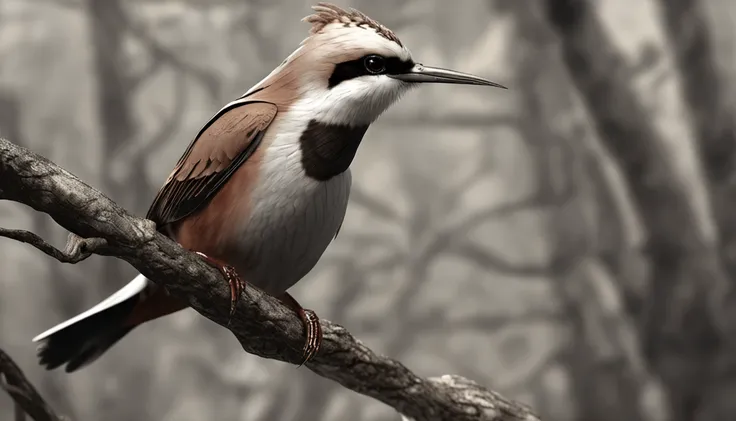 Diamond bird Bichenov with white face a rya above dark brown eyes on the back light brown with white dots and on its black wings the tail is brown odvuro all over its body that is in a tree is the main protagonist Natural realistic rendering, fotorrealista...