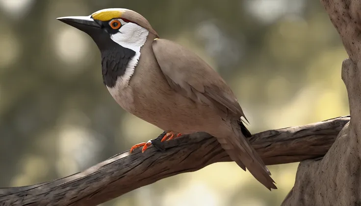 Masked diamond bird yellow beak where brown eyes beige body and dark brown tail on the pate down beige all over its body that is in a tree is the main protagonist Natural realistic rendering, fotorrealista altamente detallado, render fotorrealista, Arte co...