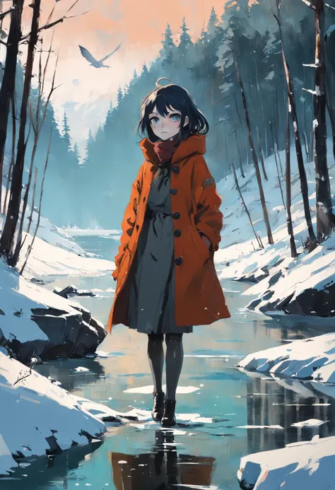 Une femme en train de dessiner au bord dun lac. Hiver. Neige. Dans le style de Adrian Ghenie, Minimalisme inkpunk. Dans le style Tim Burton.