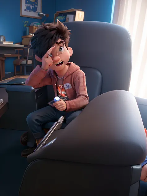 Pixar-style reimagination of an angrily defiant boy sitting in a chair, giving the camera a playful middle finger while holding a laptop on his lap.