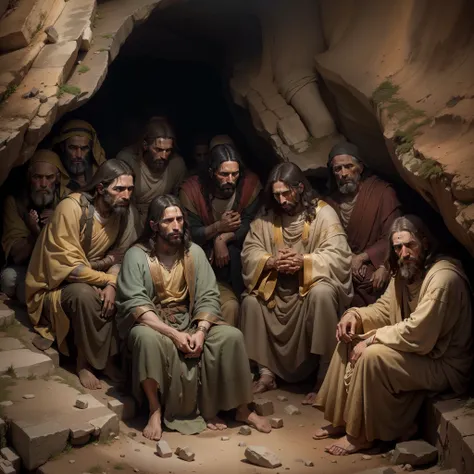 (Obra-prima) 16k image of Jesus apostles sitting in hidden caves, Praying with faith and fervor. Roma antiga, Dirty and lugubrious place. Asking for divine provision, theyre kneeling, emanating an atmosphere of devotion and hope.